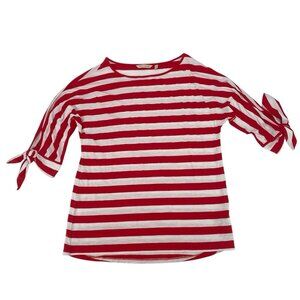 Soft Surroundings Size M Red White Stripe Blouse Tie Accent Sleeve Viscose 2AG33
